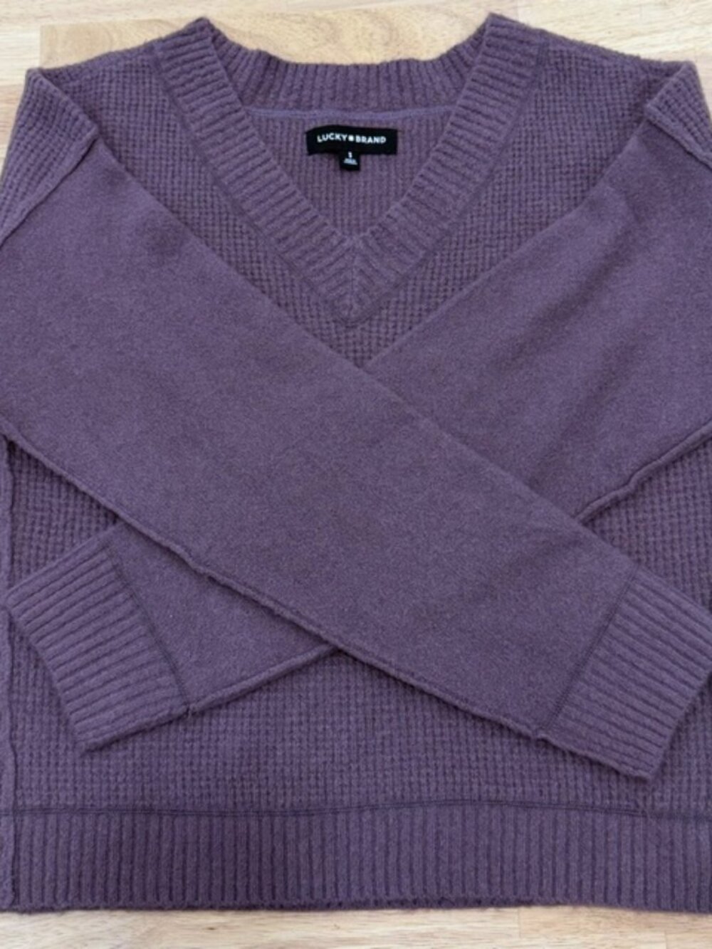 New Lucky Brand V neck sweater, size S, plum color